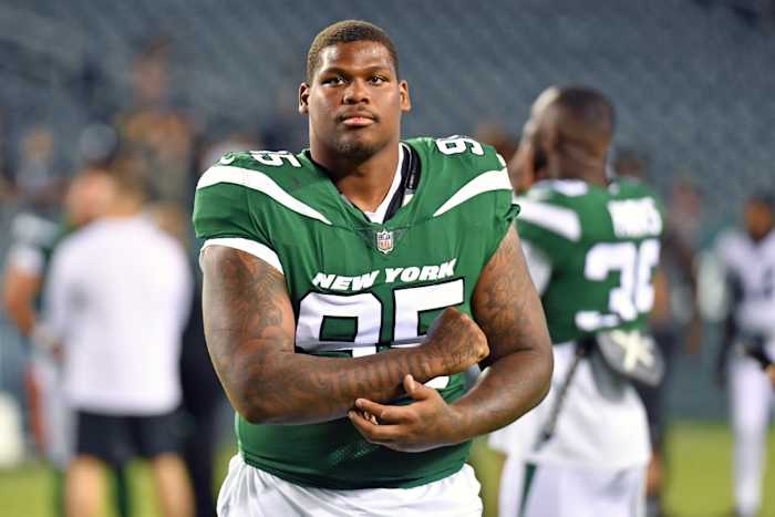 Aug 12, 2022; Philadelphia, Pennsylvania, USA; New York Jets defensive lineman Quinnen Williams (95) against the Philadelphia Eagles at Lincoln Financial Field. Mandatory Credit: Eric Hartline-USA TODAY Sports